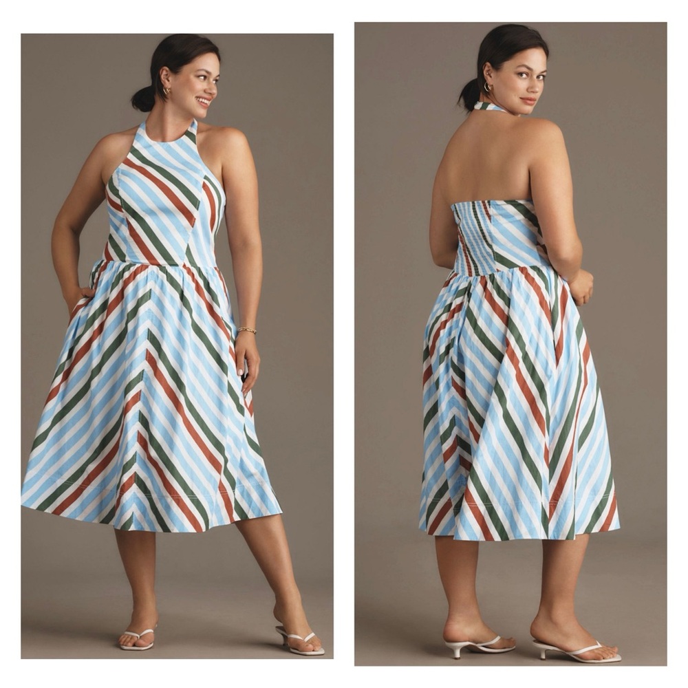 NWT MAEVE by ANTHROPOLOGIE Maeve Chevron Halter Midi Coastal Vacation Sundress S